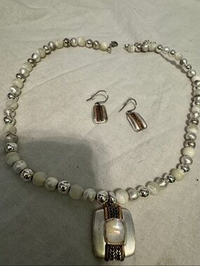 Silver & Cream Beaded Necklace with Matching Earrings